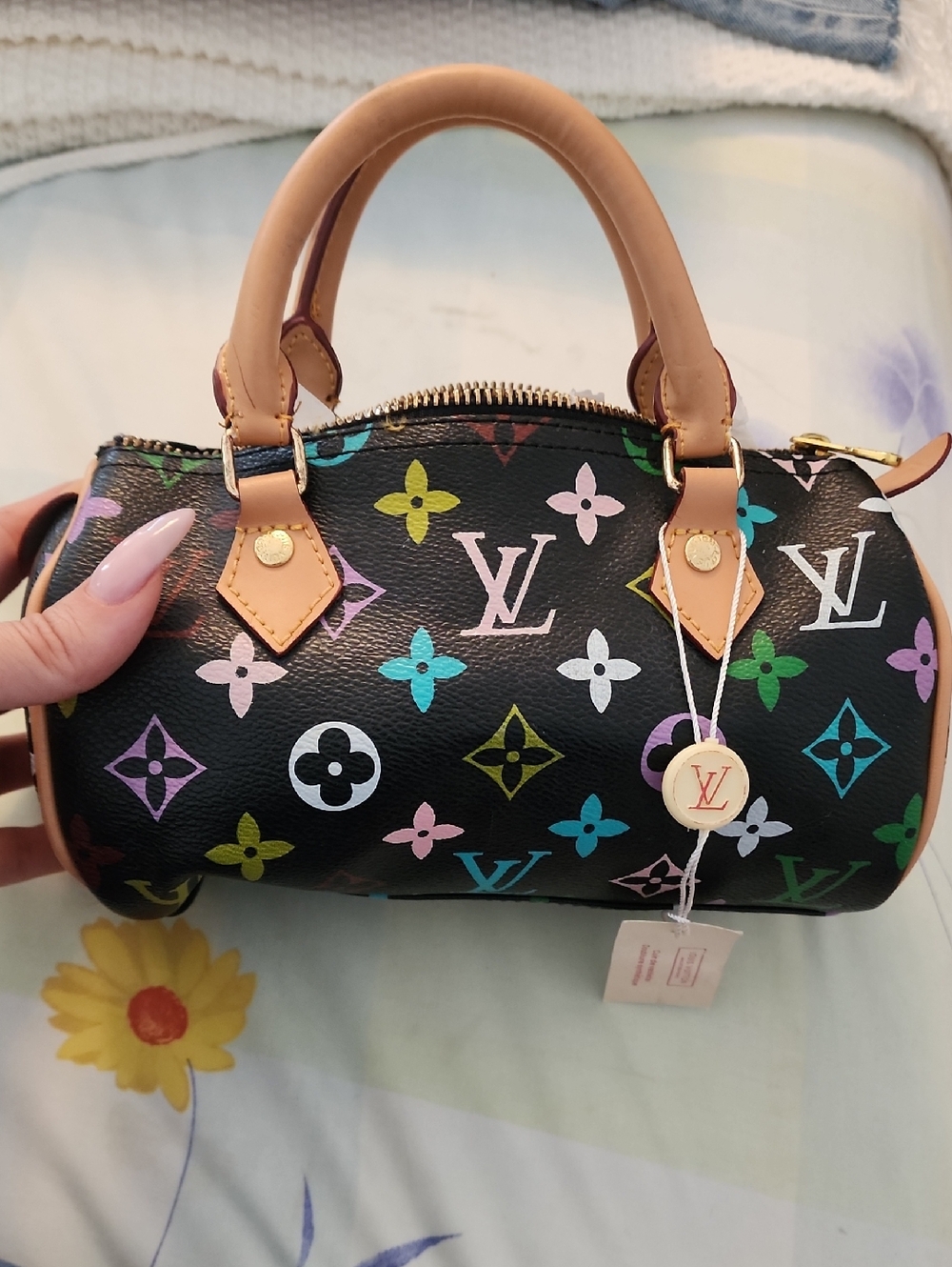 Louis Vuitton Black Multicolor Monogram Mini Speedy with Tan Handles